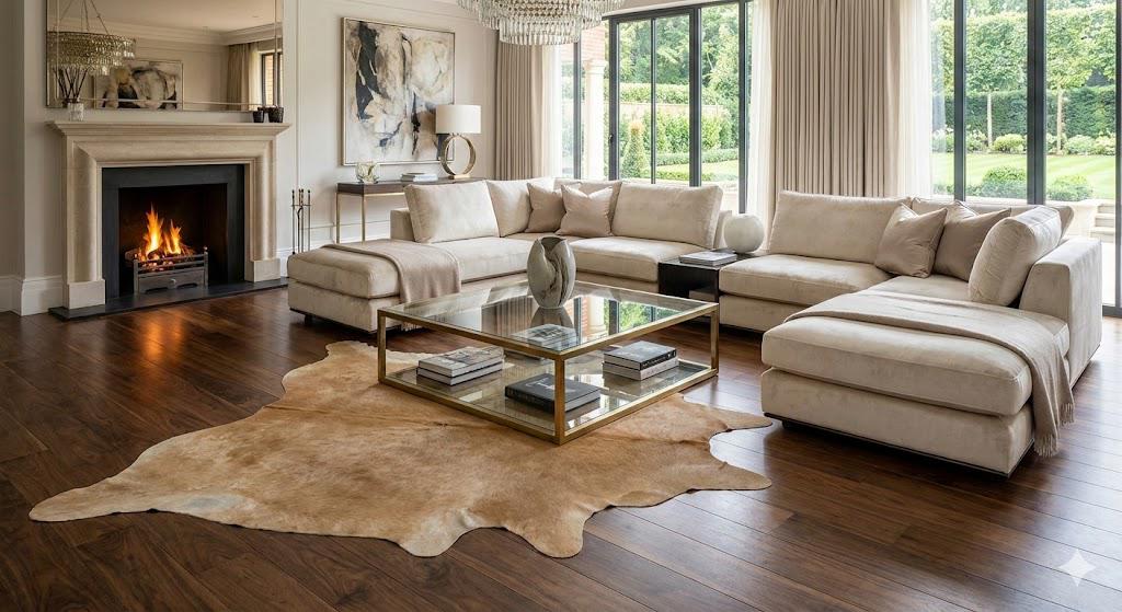 Modern living room with beige sectional sofa, glass coffee table, and fireplace.